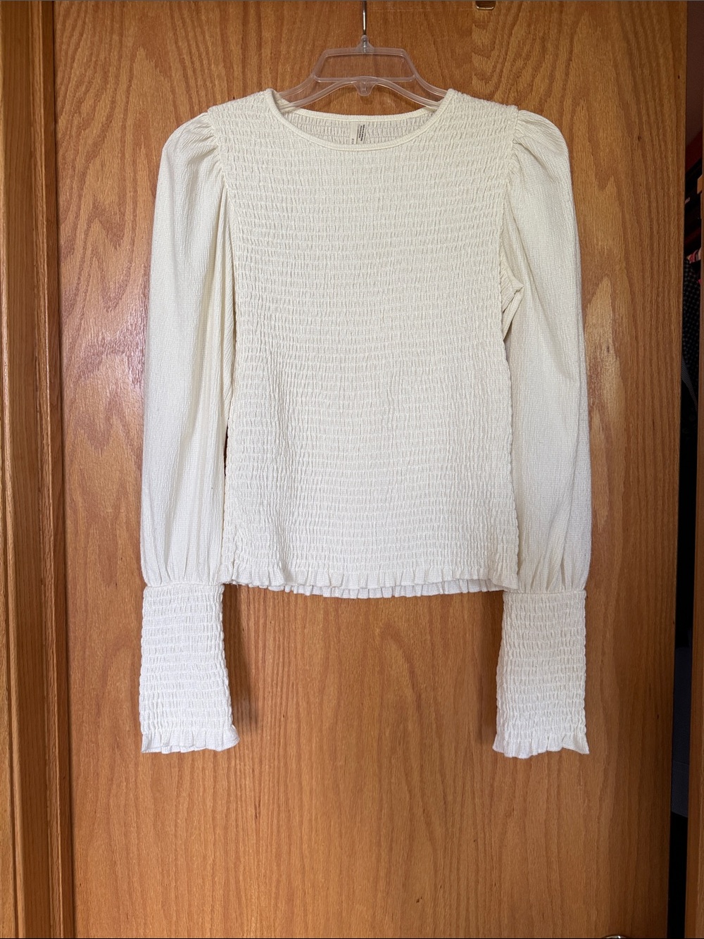 Anthropologie Cream Smocked Puff-Sleeve Long Sleeve Top